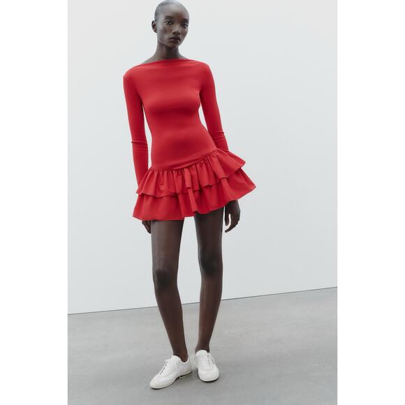 Zara Red Long Sleeve Layered Ruffle Flounce Hem High Neck Mini Dress Size Medium - Picture 1 of 7